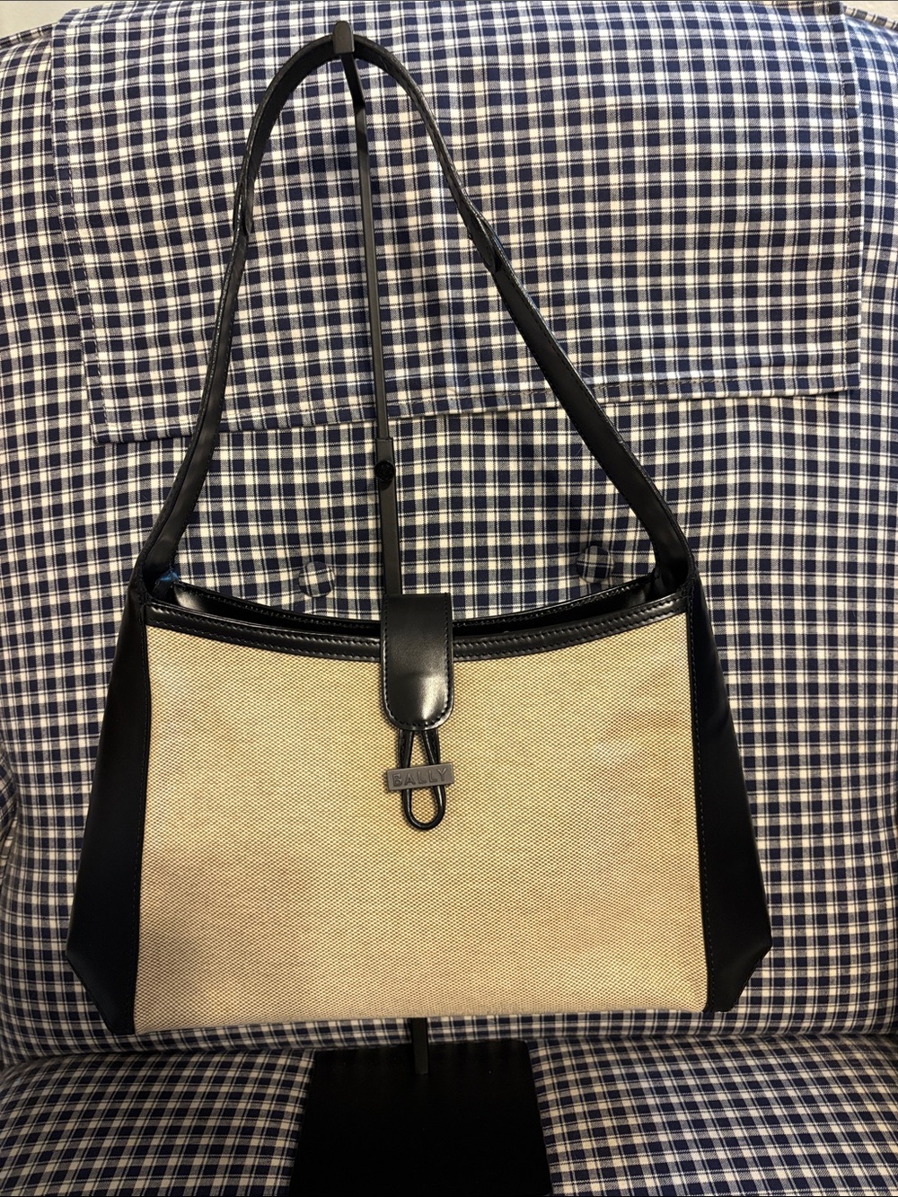 Bally vintage Black leather and Beige canvas Shoulder Bag